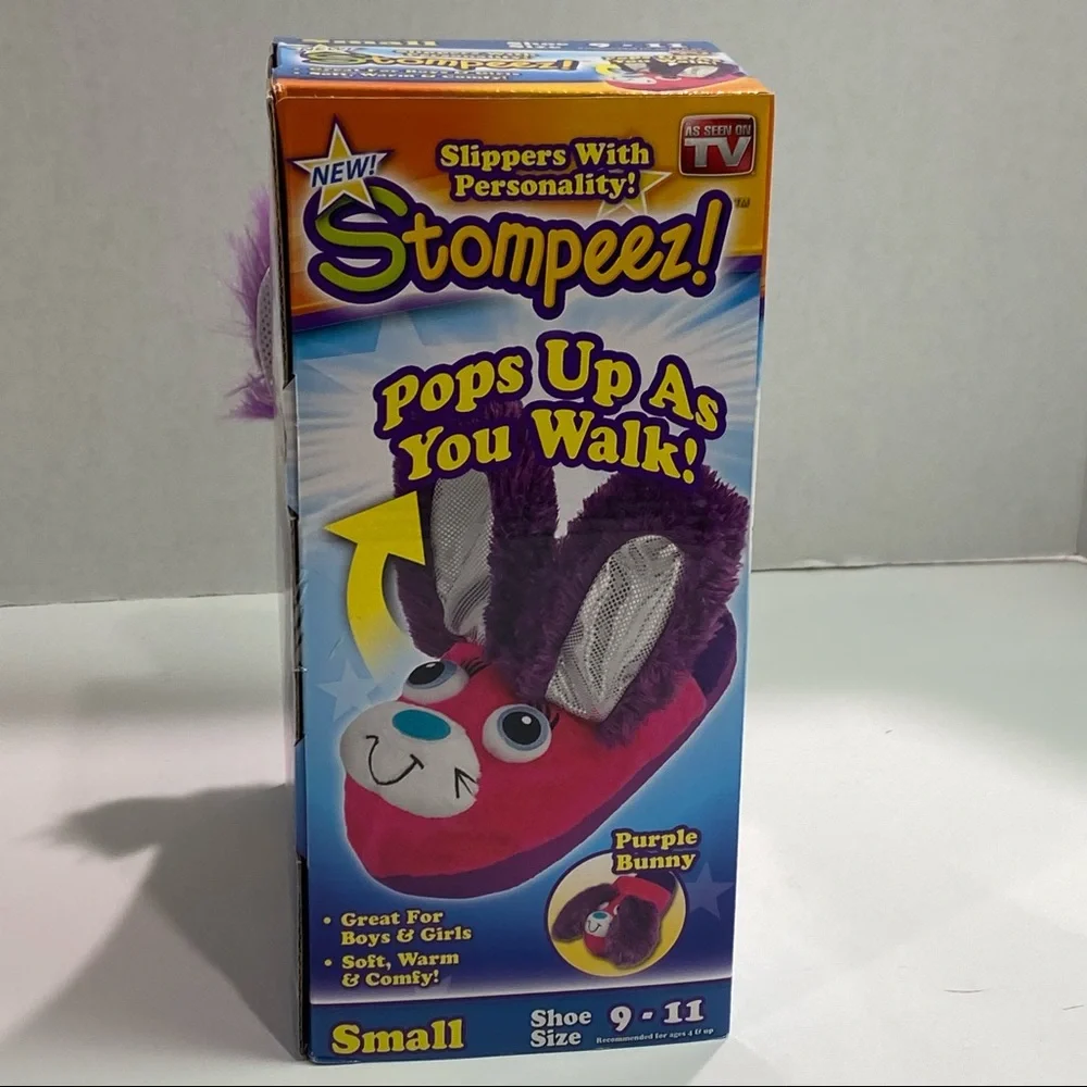 Stompeez Sz small 9-11 kids purple bunny slippers - ears pop up when they walk